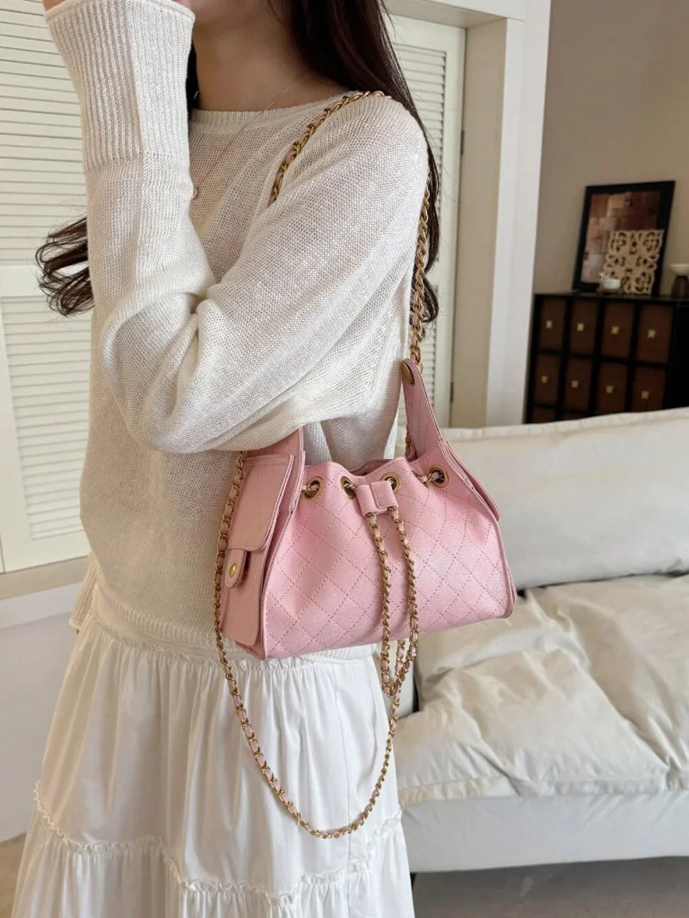 Pink Casual Women's Rhombus Embroidery Small Square Crossbody Bag